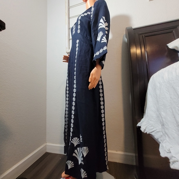 Boden UNA Blue Embroidered Elastic Waist Linen Maxi Bohemian Dress Size Large - Picture 5 of 15
